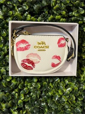 Coach White Leather Mini Bag charm  with Red & Pink Kiss Print
